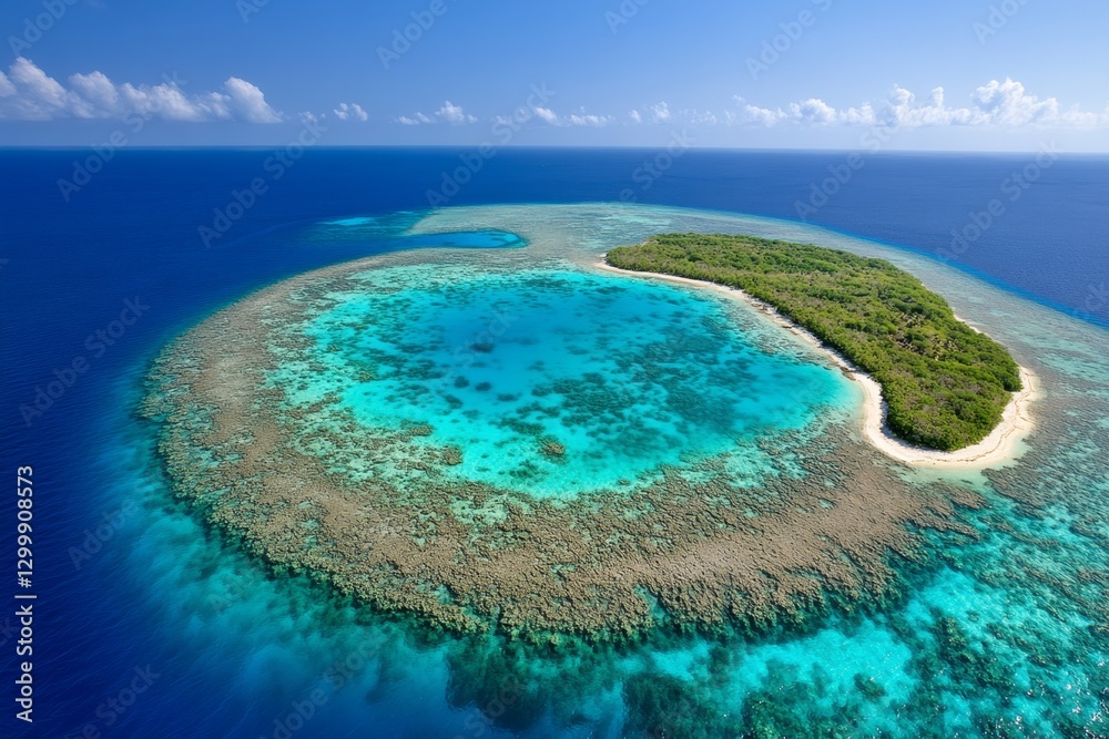 Obraz premium A high-angle aerial view of an island chain, showing coral reefs and crystal-clear lagoons