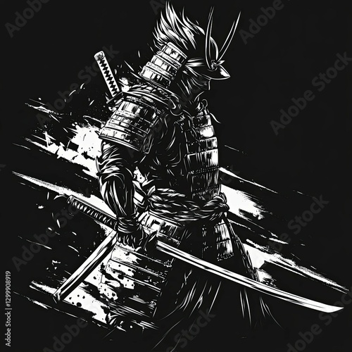 Samurai Warrior: Monochrome Ink Art of a Stoic Figure