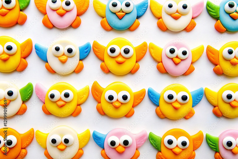 Colorful cute bird-shaped candies arranged in a grid pattern on a white background. Colorful cute bird-shaped candies arranged in a grid pattern on a white background.