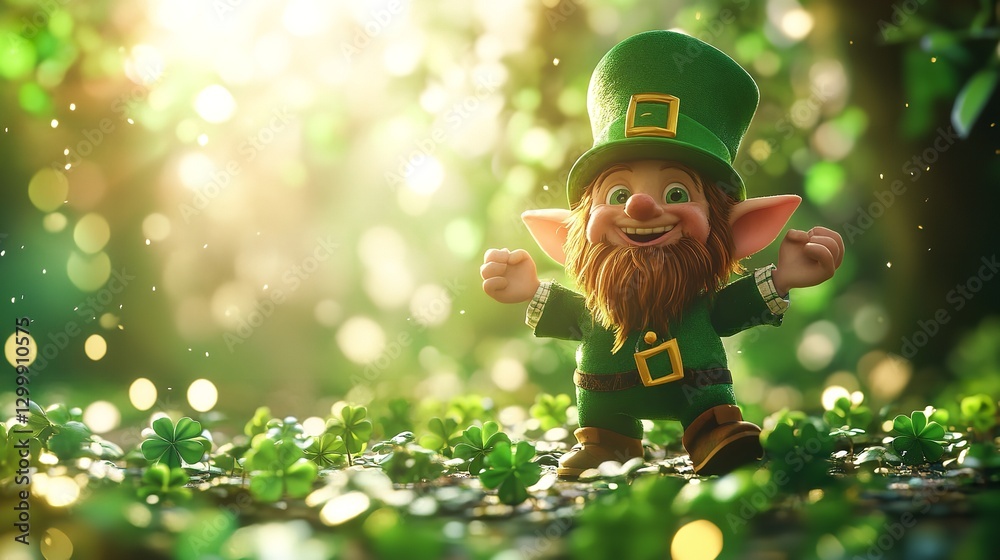 A cheerful St. Patrick's Day scene featuring a 3D rendered leprechaun wearing a green hat and suit, giving a thumbs-up gesture, standing in a lush green field with scattered bokeh lights against a blu A cheerful St. Patrick's Day scene featuring a 3D rendered leprechaun wearing a green hat and suit, giving a thumbs-up gesture, standing in a lush green field with scattered bokeh lights against a blu