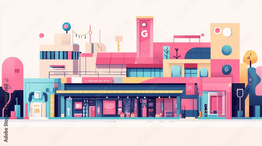 Obraz premium Stylized Cityscape Illustration with Geometric Buildings and Shops Artwork