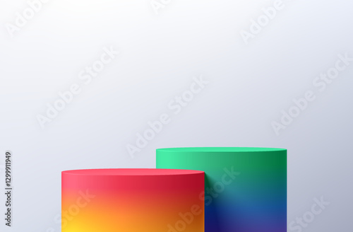 Realistic 3D colorful cylindrical podium background in Rainbow Lgbtq+ color theme. Minimalist mockup pedestal abstract product display presentation, Stage showcase. Platforms vector geometric design.