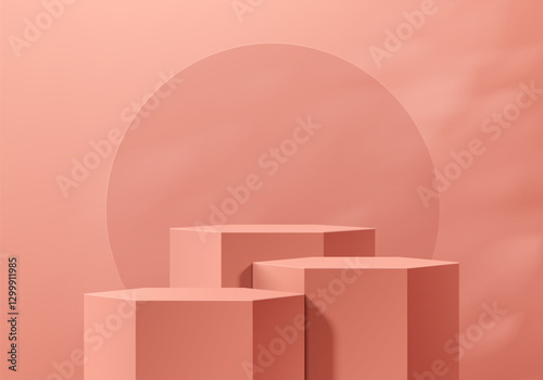 Realistic coral red 3D hexagon podium with circle frame backdrop scene. Minimalist mockup pedestal, Abstract cosmetic stand product display presentation, Stage for showcase. Platforms vector design.