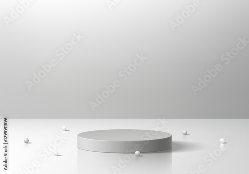 Realistic 3D white and gray cylindrical podium background with empty wall scene. Minimalist mockup pedestal abstract product display presentation, Stage for showcase. Platforms vector geometric design