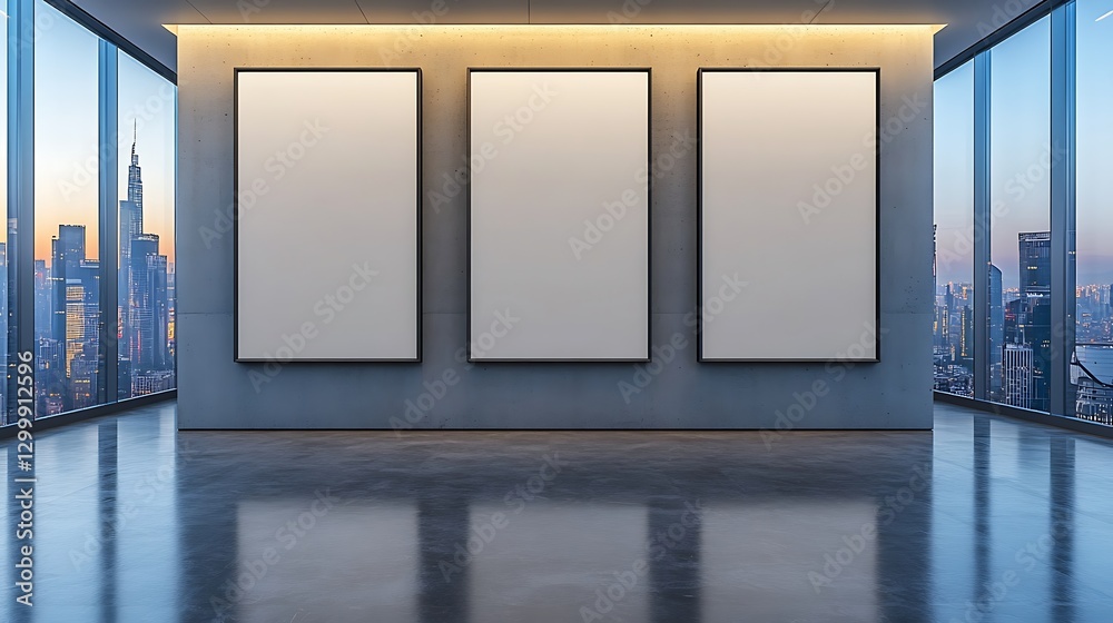 A large wall with three vertical blank posters in an empty office room with bright lighting and a city view A large wall with three vertical blank posters in an empty office room with bright lighting and a city view