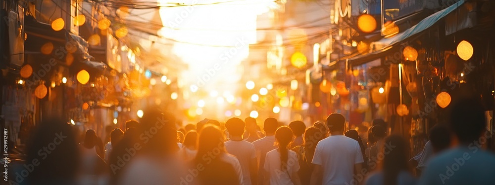 Fototapeta premium Golden Hour Crowd Walking City Street at Sunset