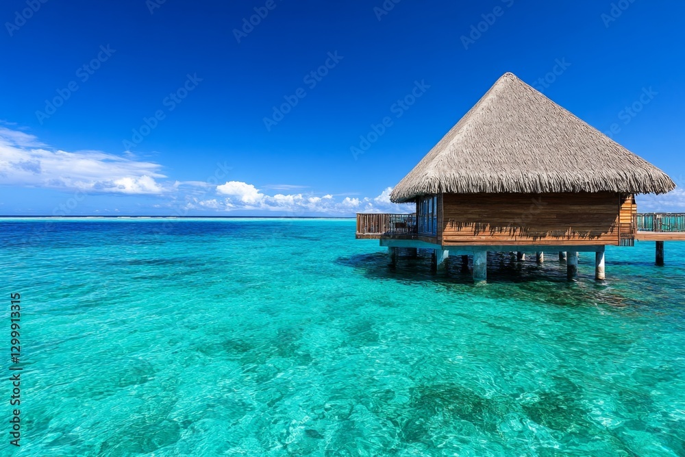 A luxurious overwater bungalow resort on an island, with private decks overlooking the ocean A luxurious overwater bungalow resort on an island, with private decks overlooking the ocean