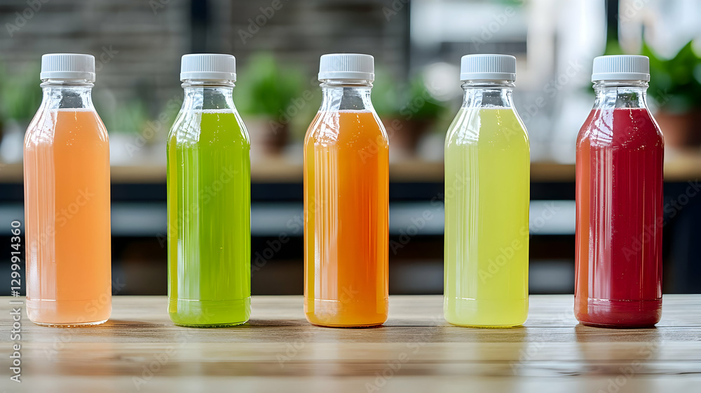 Colorful Fruit Juice Bottles Displayed on a Wooden Table with a Blurred Background Colorful Fruit Juice Bottles Displayed on a Wooden Table with a Blurred Background