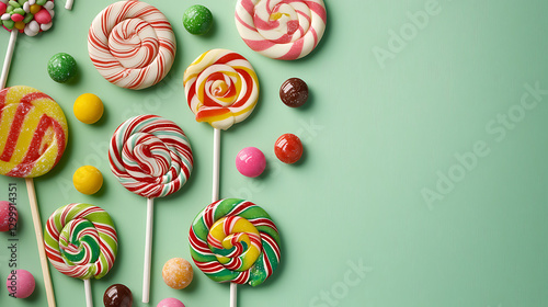 A bunch of colorful lollipops and candy are displayed on a green background. generated using AI