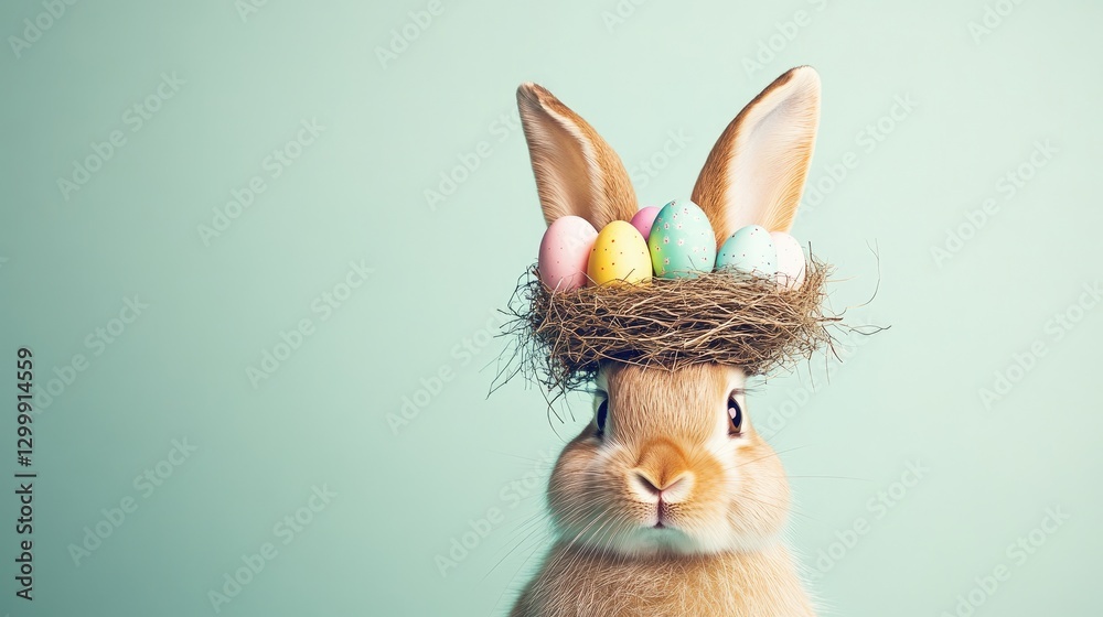 Obraz premium Photo of an Easter bunny with a nest on its head and colorful eggs, against a pastel green background, in a minimalist style.