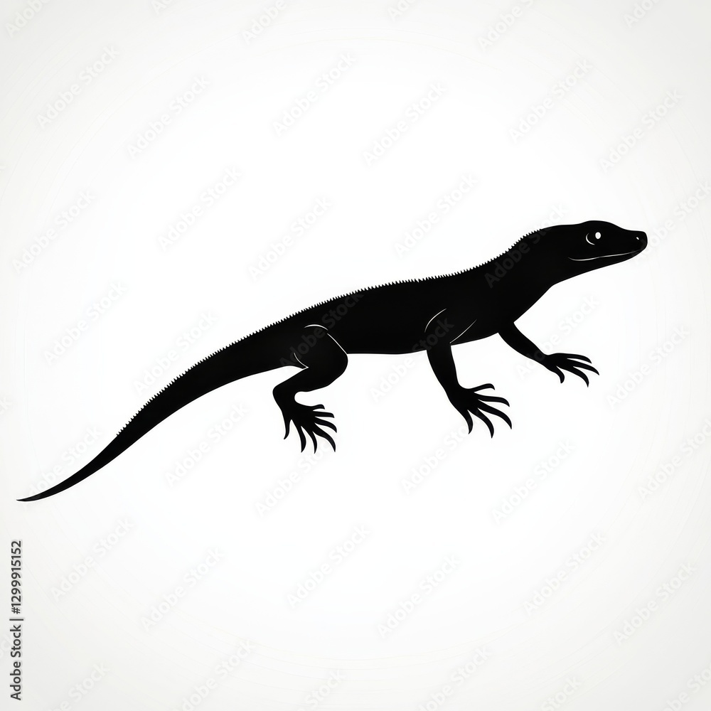 Obraz premium Silhouette of a Lizard: Detailed Black Shape of a Reptile with a Long Tail and Claws, Walking on a White Background.