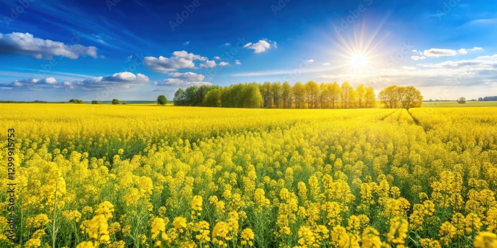 Fototapeta premium Vibrant rapeseed field landscape with blooming mustard plants in a sunny meadow, wildflowers