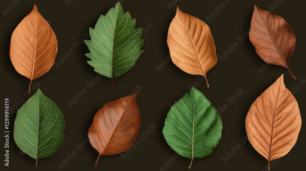 Obraz premium Assorted leaves in various colors on a dark background.
