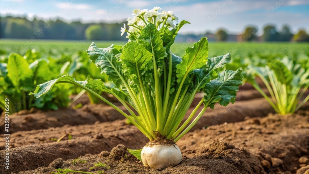 Fototapeta premium Close-up of sugar beet growing in a field with green leaves and white flowers surrounded by brown soil and tall grass, close-up