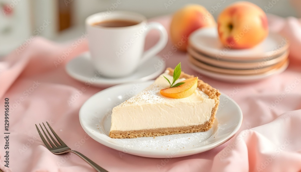 A delicious peach tart with cream cheese frosting on a white plate, representing summer and reminiscent of Amish Sugar Cream Pie A delicious peach tart with cream cheese frosting on a white plate, representing summer and reminiscent of Amish Sugar Cream Pie