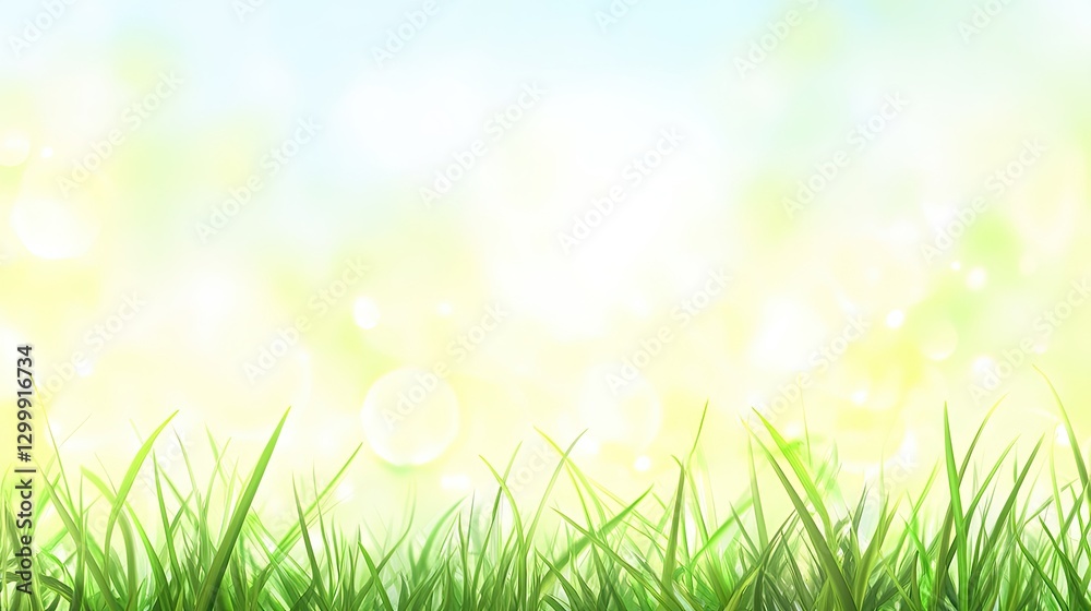 Fototapeta premium Beautiful Blurred Spring Background with Sunlight and Green Grass: Ample Copy Space for Natural Lifestyle or Environment Protection Concept, Wide Banner, Bokeh Background
