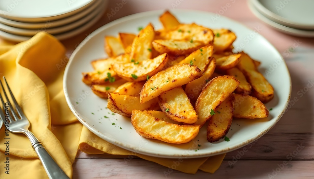 Baked potato wedges arranged on a plate with a fork and knife, showcasing a delightful summer dish Baked potato wedges arranged on a plate with a fork and knife, showcasing a delightful summer dish