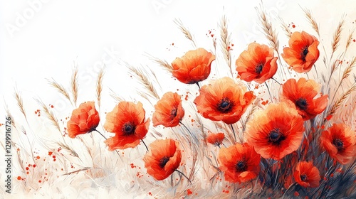 Vibrant red poppies blooming in a serene field, surrounded by soft grasses and a light background