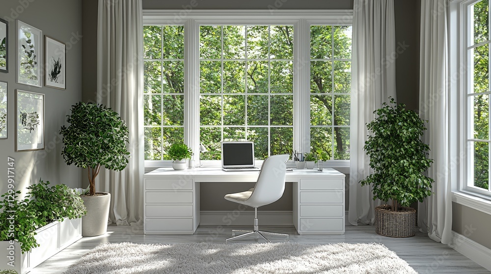 Naklejka premium Modern home office with white desk and chair, surrounded by greenery and natural light