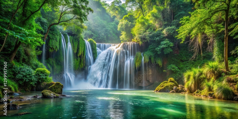 waterfall cascading down into the water, surrounded by lush greenery and tall trees, landscape, foliage, landscape waterfall cascading down into the water, surrounded by lush greenery and tall trees, landscape, foliage, landscape