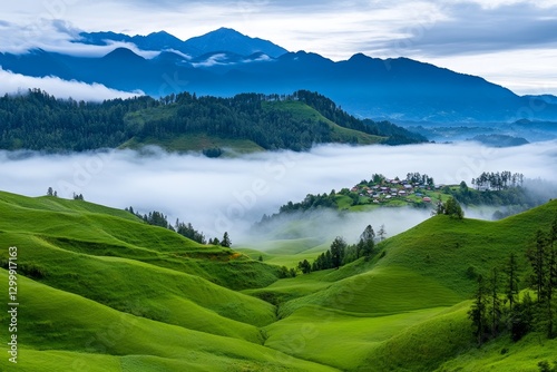 A misty morning view of a forested peninsula with a small village nestled between the hills