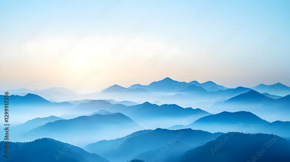 Fototapeta premium Panoramic Blue Mountain Range Landscape With Foggy Mist Under A Cloudy Sky at Sunrise