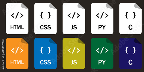Collection of programming file format icons (HTML, CSS, JS, PY, C). Perfect for coding, web design, and development projects.
