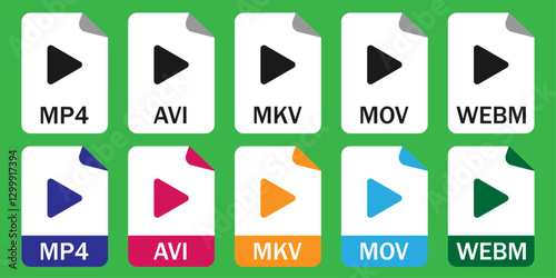 Set of video file format icons, including MP4, AVI, MOV, MKV, WEBM. Ideal for UI, video editing, streaming, file management, and tech-related content.  