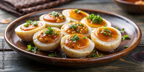 Close-up of Nitamago Japanese marinated eggs in soy sauce on a plate, close-up, food,  close-up, food,eggs photo