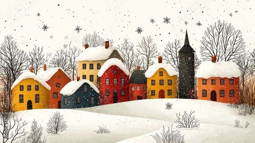 Charming winter village scene with colorful houses, snowflakes falling, and bare trees
