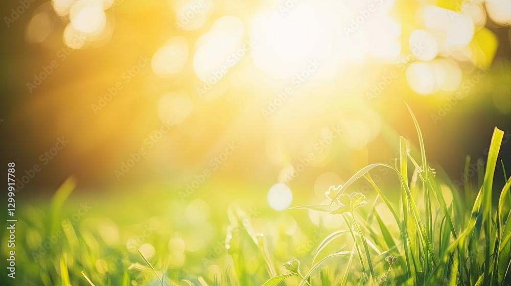 Fototapeta premium Spring Background Vector Illustration: Green Grass, Sun Bokeh, Blurred Nature, Sunlight, Sunbeams, Stock Photo with Text Space