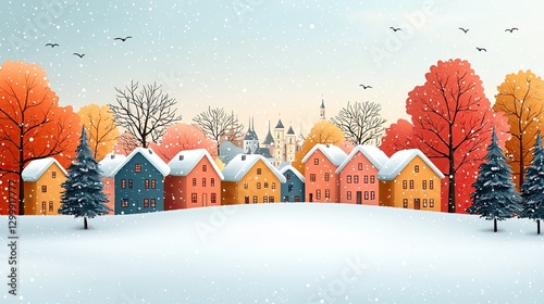 Colorful winter landscape with snow-covered houses and vibrant trees against a serene backdrop