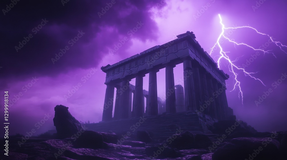 Naklejka premium Ancient temple, lightning storm, ruins, night, dramatic sky, fantasy, artwork, historical