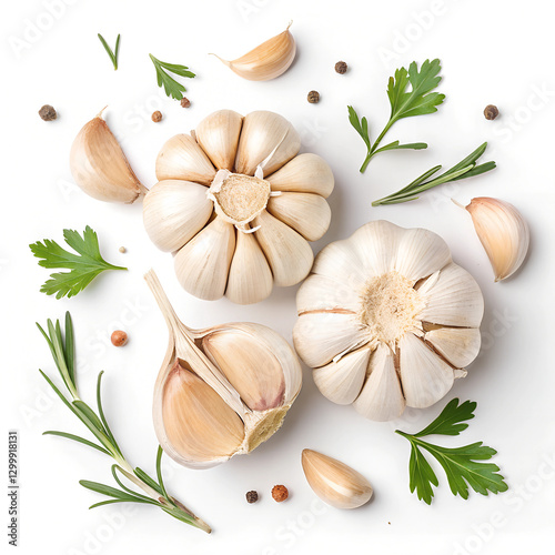 Three garlic bulbs, garlic cloves, parsley leaves, rosemary sprigs and peppercorns on a white background photo
