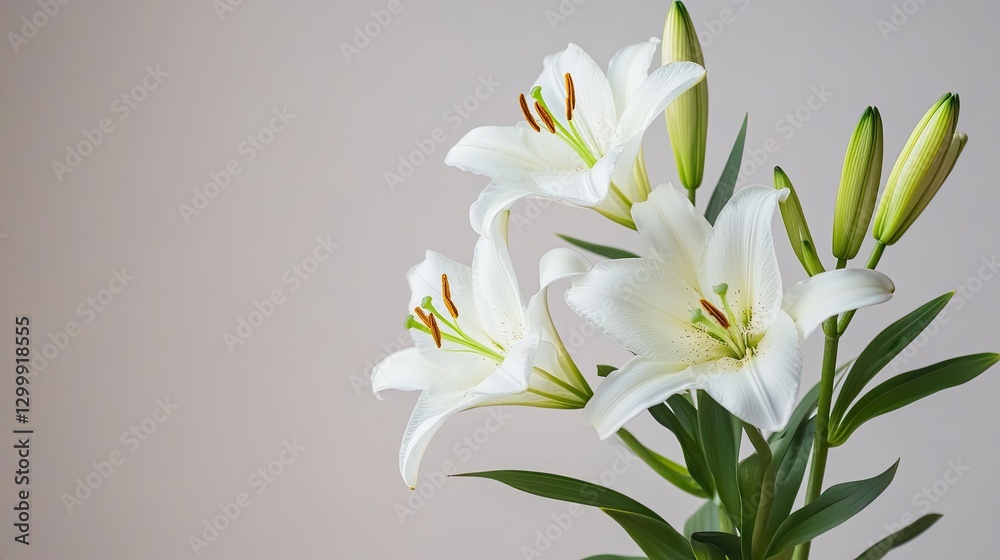 Fototapeta premium Exquisite Close-Up of Beautiful White Lily Flowers on a Light Background