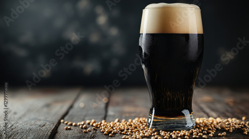 A pint of dark stout beer with a creamy frothy head, set against a solid charcoal gray background