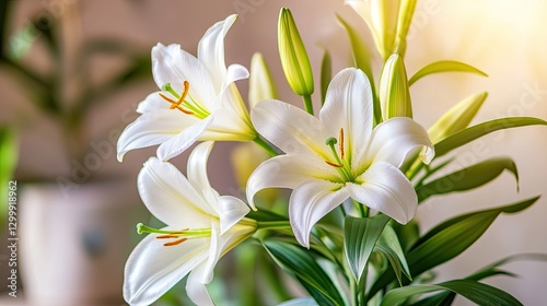 Elegant Close-Up of Beautiful White Lily Flowers on a Light Background
