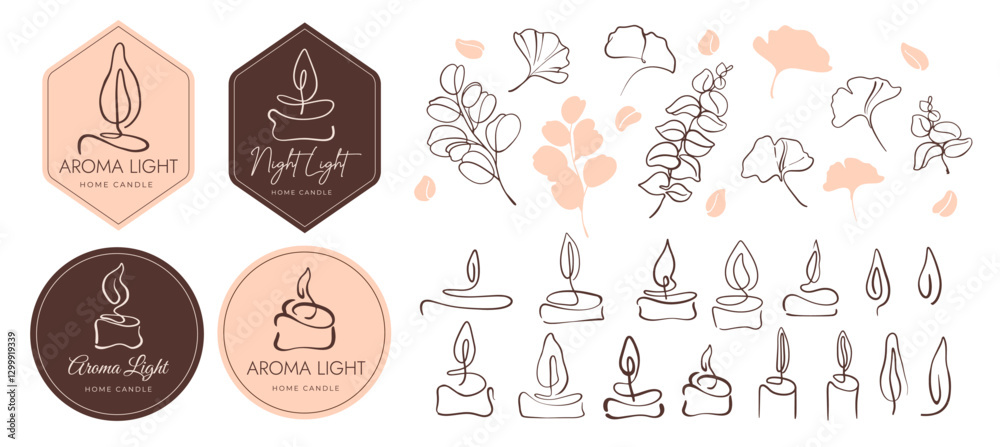 Home candles decor with different candles shapes and botanical hand drawn elements for patterns and backgrounds, , plants, leaves, nature, vector illustration Home candles decor with different candles shapes and botanical hand drawn elements for patterns and backgrounds, , plants, leaves, nature, vector illustration