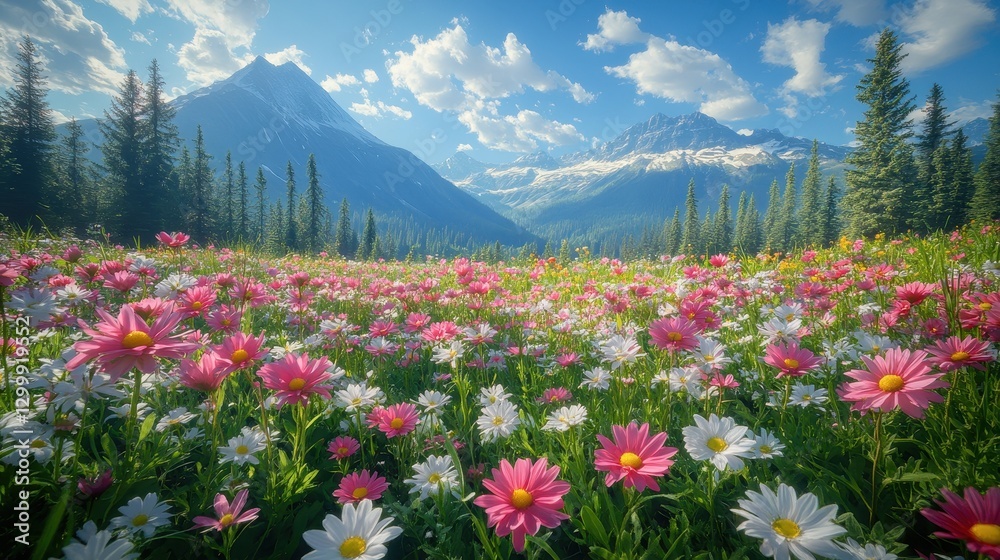 Mountain meadow wildflowers sunny day scenic landscape Mountain meadow wildflowers sunny day scenic landscape