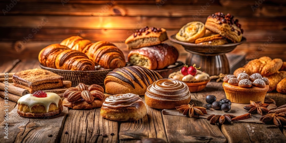A selection of traditional pastries arranged artfully on a rustic wooden table, with a warm and inviting ambiance surrounding them , ambient lighting, wooden table A selection of traditional pastries arranged artfully on a rustic wooden table, with a warm and inviting ambiance surrounding them , ambient lighting, wooden table