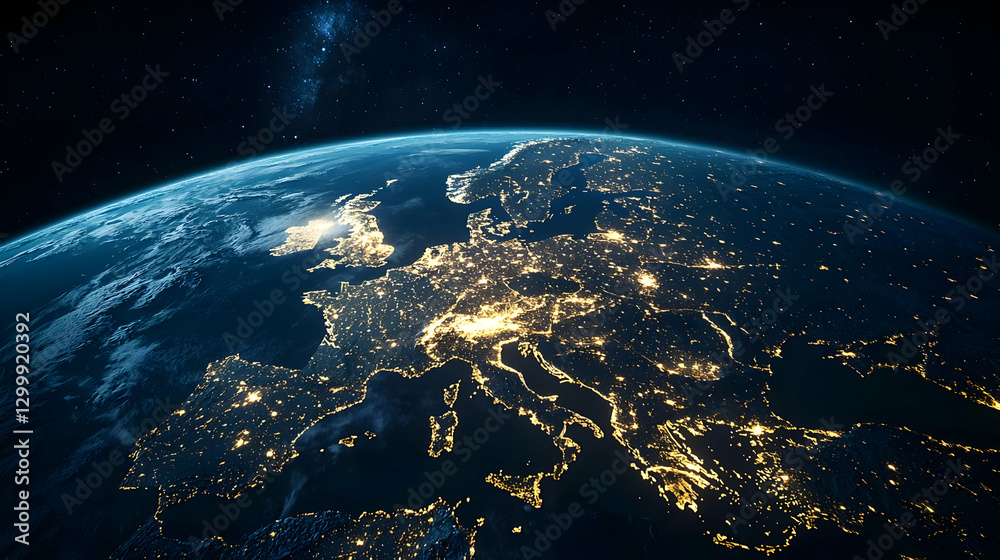 Obraz premium Blue Planet Earth At Night Displaying City Lights Across Europe In Space