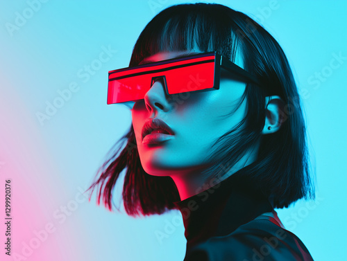 futuristic fashion concept featuring woman in red tinted glasses, set against duotone background. image captures sci fi aesthetic with bold colors and modern style