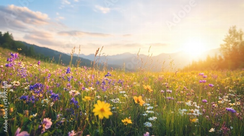 A panoramic view of a wide-open meadow, dotted with colorful wildflowers in shades of violet, yellow, and white, as the warm sunlight casts delicate, long shadows on the vibrant grass, under a