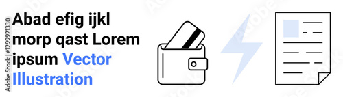 Wallet holding a credit card next to a blue lightning bolt and a document with text. Ideal for financial services, banking, electronic payments, bill management, digital transactions, fintech