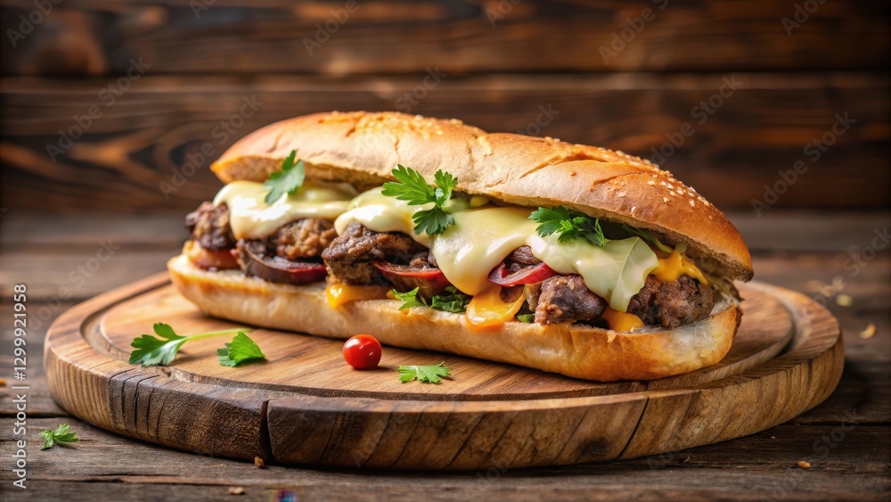 A juicy kebab sandwich with melted cheese and savory sauce on a wooden cutting board, close-up, food, close-up, food, sandwich A juicy kebab sandwich with melted cheese and savory sauce on a wooden cutting board, close-up, food, close-up, food, sandwich