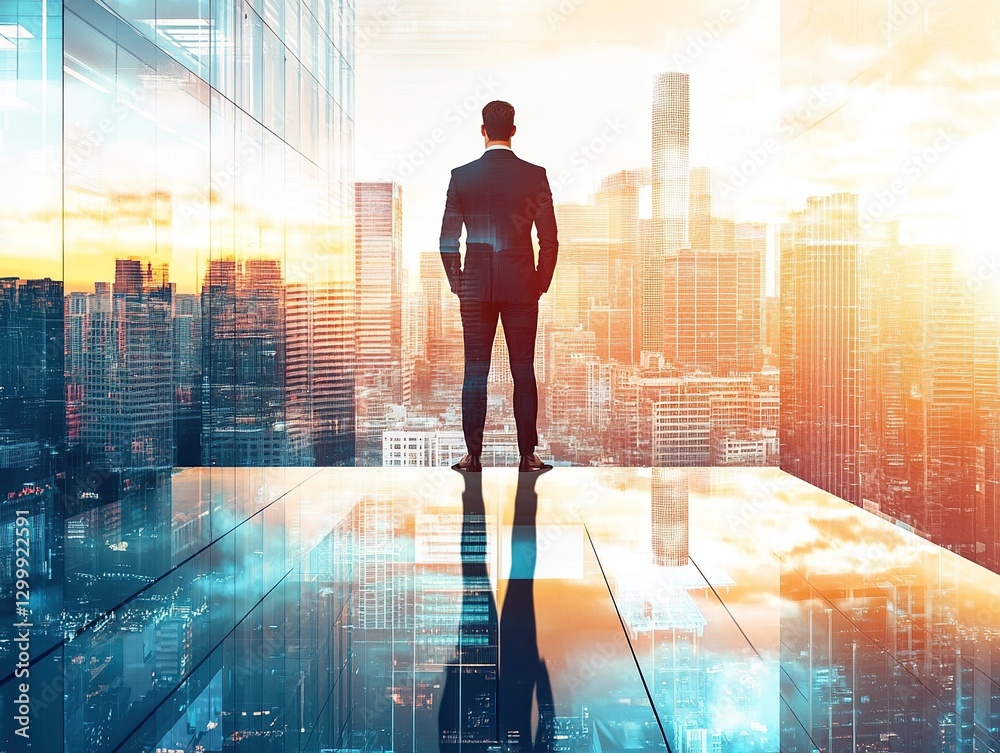 Obraz premium Businessman Silhouette at Sunrise Over Cityscape