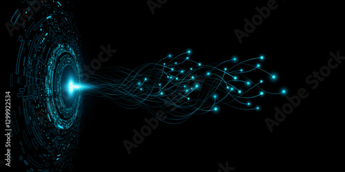 Digital HUD circles with glowing neural connectors of wires into dark cyberspace. Neural network studies information. Big data AI visualization background. Vector illustration. EPS 10