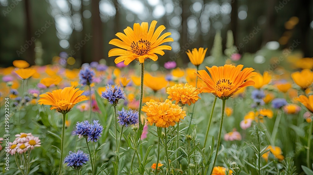 Obraz premium Vibrant wildflower meadow showcasing diverse blooms under soft sunlight, creating a serene atmosphere