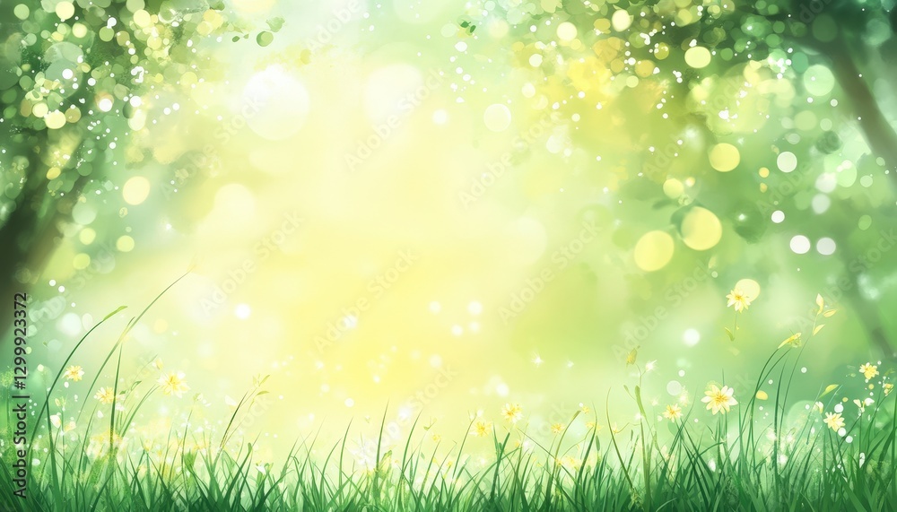 Serene meadow with wildflowers, vibrant green trees, and sunlit, bokeh background for peaceful designs Serene meadow with wildflowers, vibrant green trees, and sunlit, bokeh background for peaceful designs