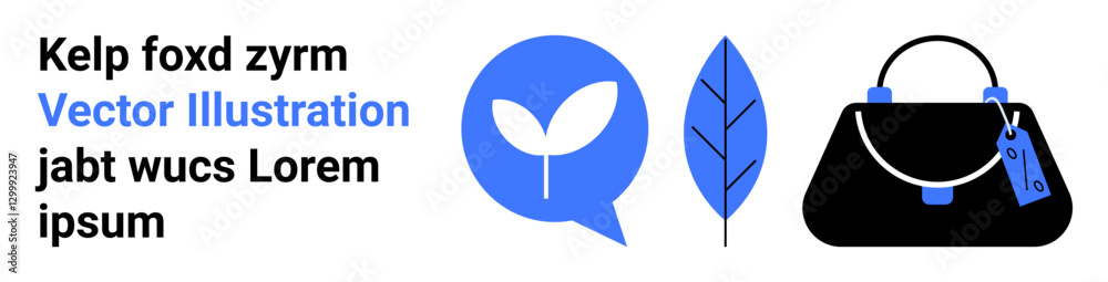 Leaf sprout inside speech bubble, abstract leaf, modern handbag with tags. Ideal for sustainability, fashion, nature, communication, branding, environmental awareness flat landing page banner